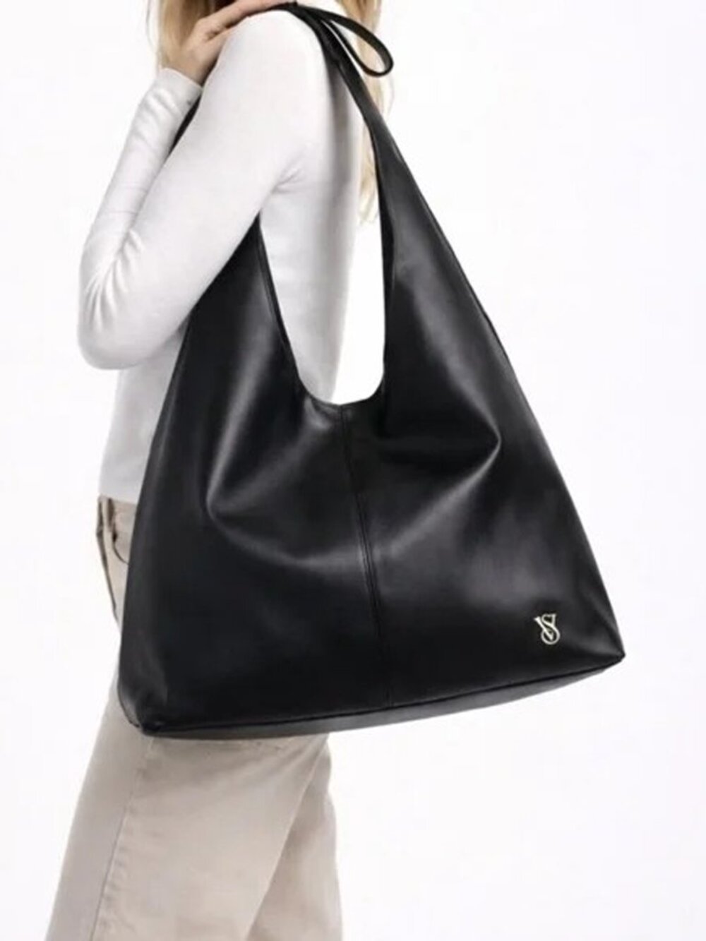 Victoria’s Secret Black Bow Tote Bag Slouchy Shoulder Purse Faux Leather